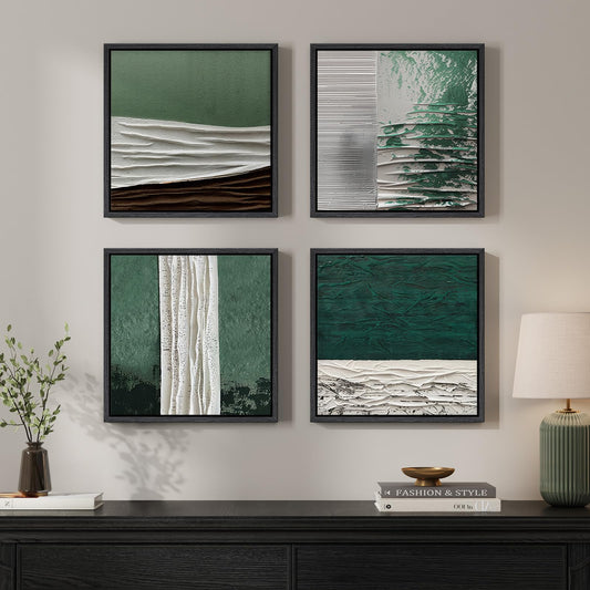 Framed Green Abstract Wall Art for Living Room, 4 Piece Modern Neutral Canvas Prints Artwork for Walls, Minimalist Contemporary Square Wall Art for Bedroom Dining Room Office Decor, 12x12 Inch
