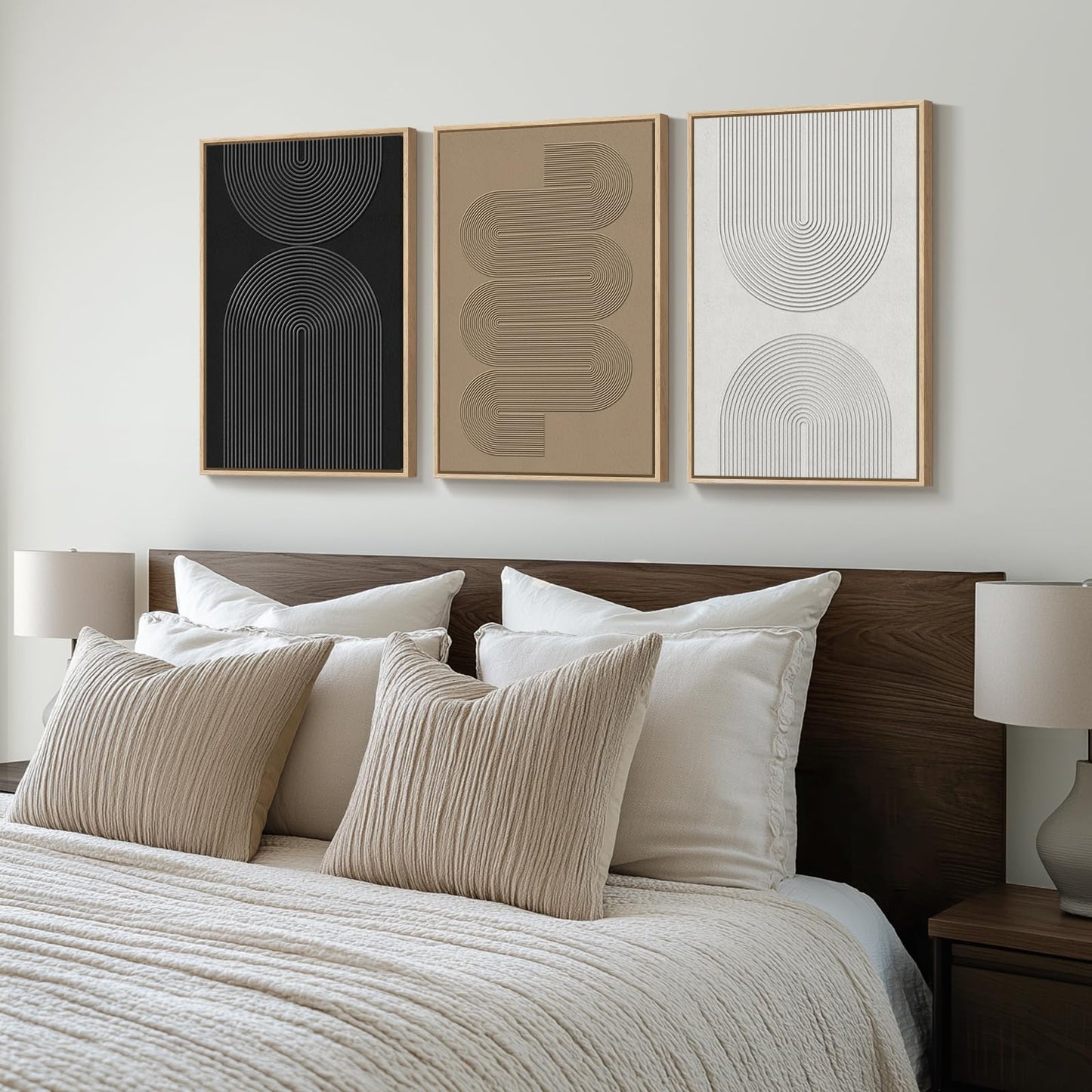 Framed Black and White Brown Abstract Wall Art, 3 Piece Boho Geometric Canvas Prints Paintings Artwork for Walls, Modern Minimalist Neutral Pictures for Living Room Dining Room Bedroom Wall Decor 16x24 In