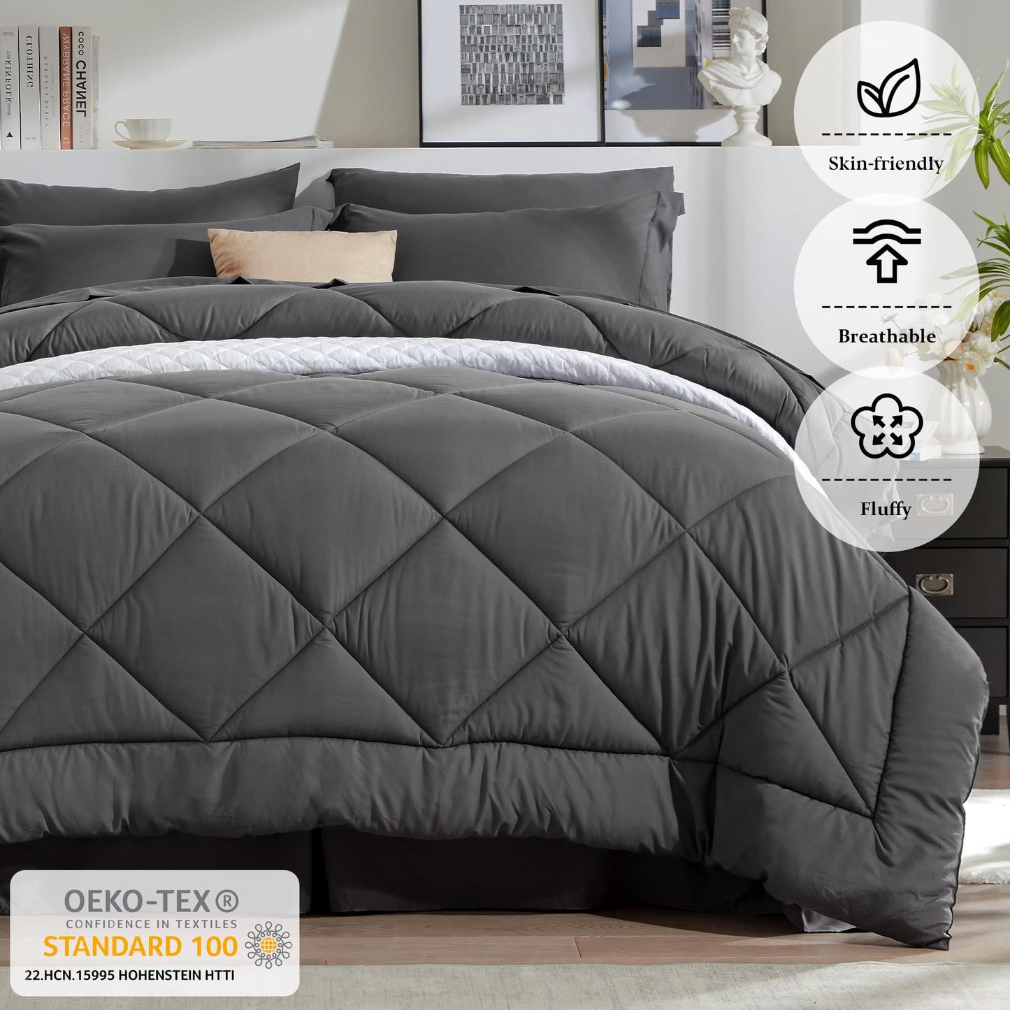 Newspin Queen Comforter Set Dark Grey - Bed in a Bag Queen Size 8 Pieces, All Season Bed Set, Fluffy Comforter Set with Sheets, Sheet Set Quilt Blanket, Pillowcases & Shams & Bed Skirt