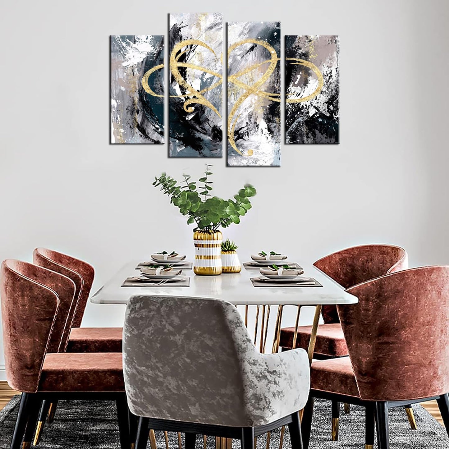 iHAPPYWALL 4 Panel Infinity Heart Canvas Wall Art Abstract Eternal Love Geometric Grey and Gold Picture Artwork for Bedroom Living Room Home Decor Ready to Hang (Grey)