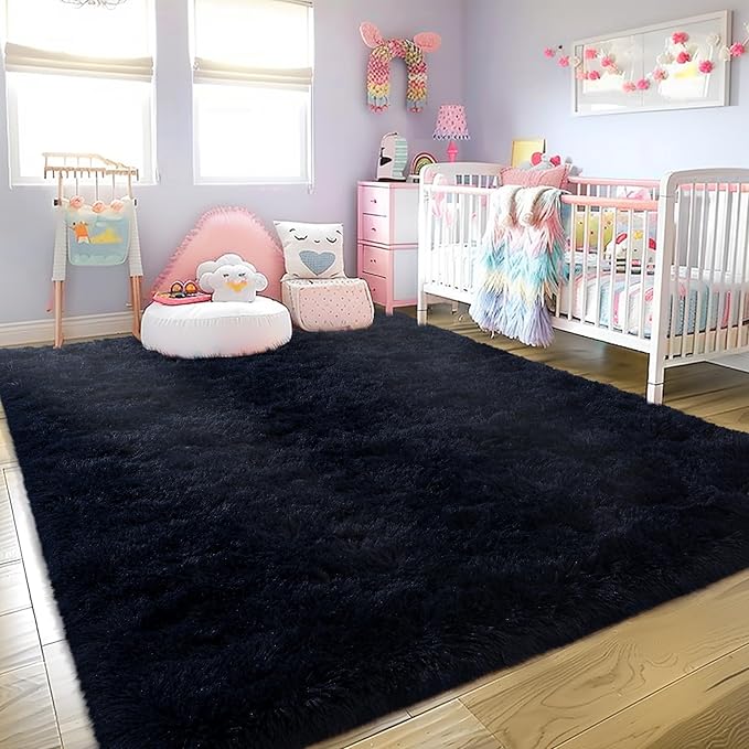 Ultra Fluffy Area Rugs for Living Room Bedroom, 6x9 Fuzzy Large Living Room Rugs, Thick Shag Rug for Dorm, Soft Non Slip Kids Girls Boys Rug for Home Decor Aesthetic, Dark Blue