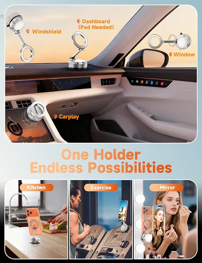 Vacuum Magnetic Phone Holders for Your Car [105+LBS Suction & 3800gf Magnetic] 360° Adjustable Magsafe Car Phone Holder Mount for iPhone 17 16 15 14 13 12 Series & Android, Pure Zinc Alloy