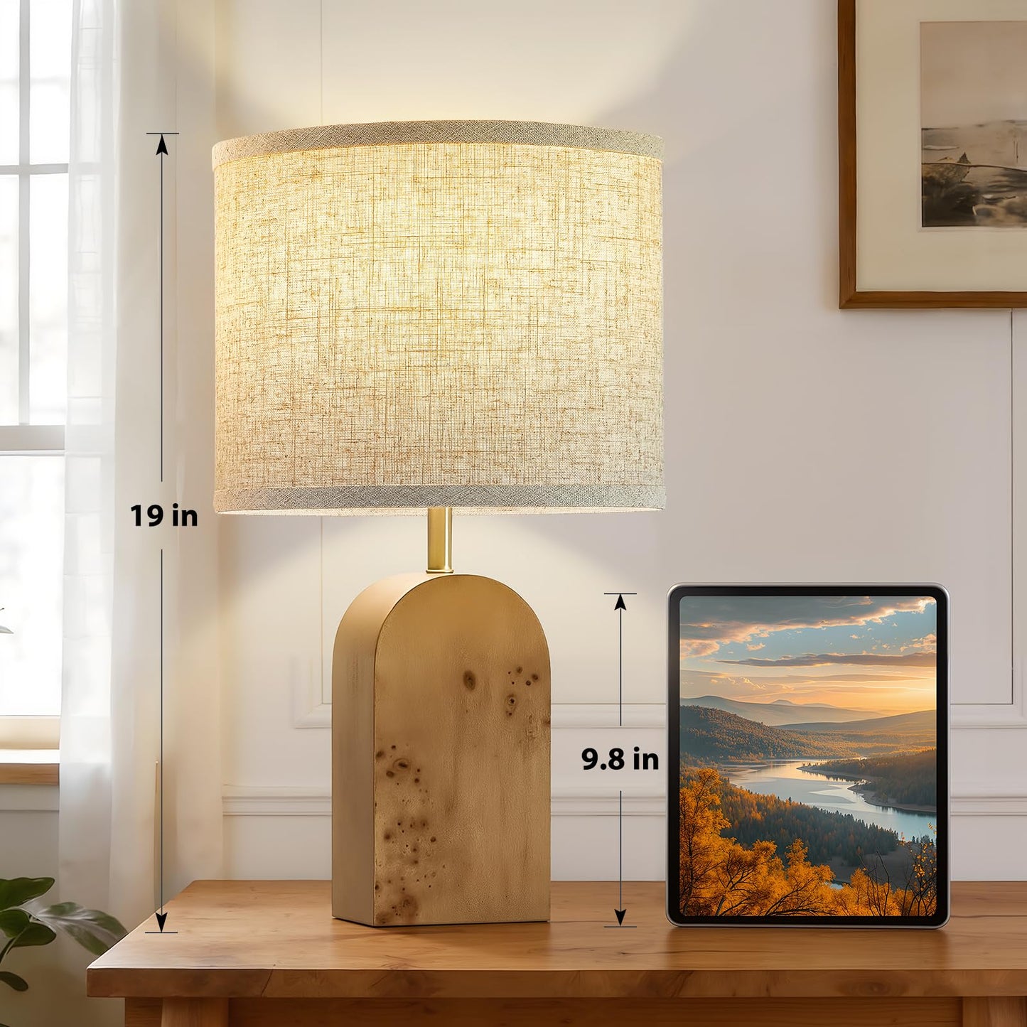 Table Lamps Set of 2 - 19" Wood Farmhouse Bedside Lamp with Adjustable Color Temperatures - Modern Rustic Linen Lampshade Nightstand Lamps for Bedroom Living Room Office, Bulbs Included, Natural