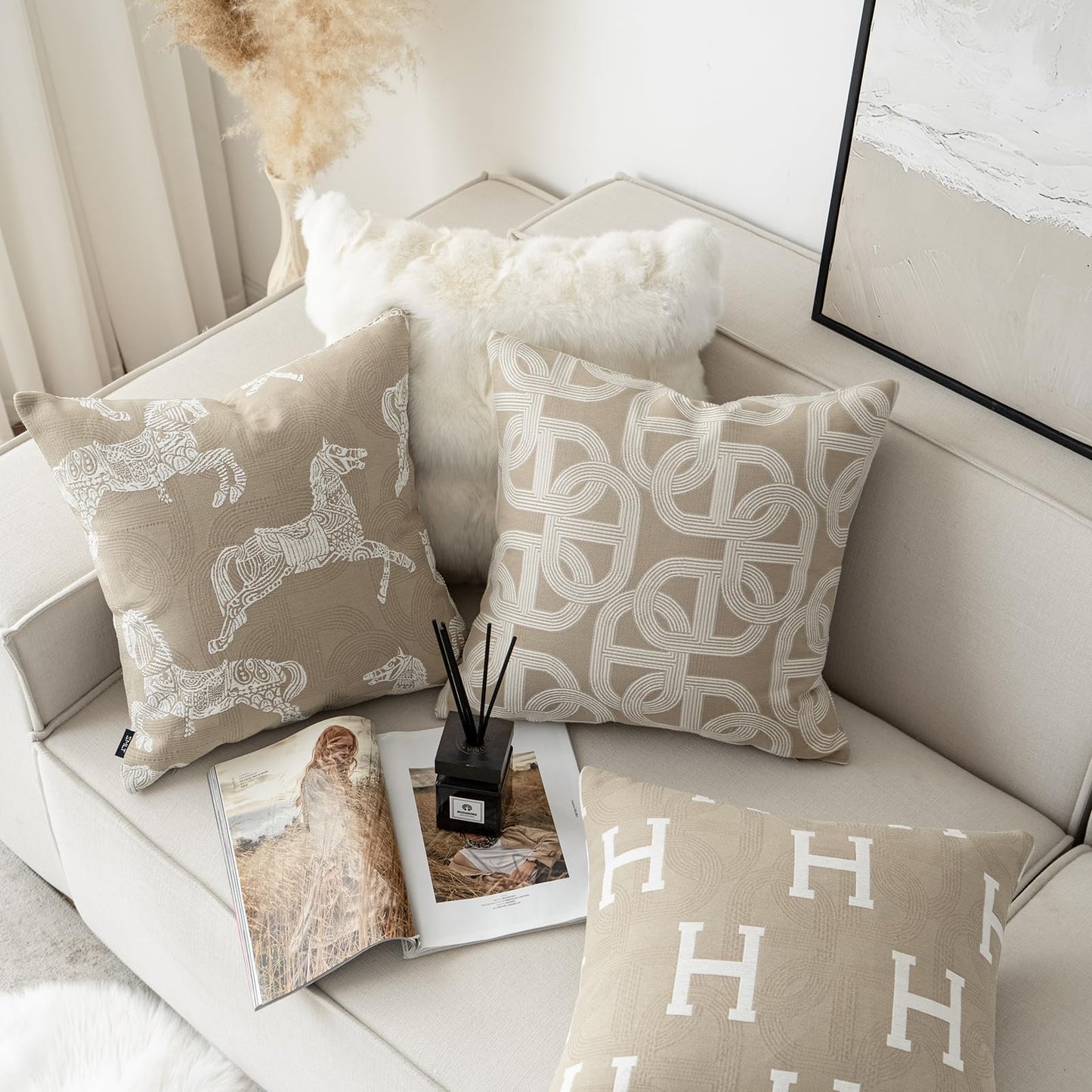 Croker Horse 20x20'' Inches Throw Pillow Cushion Cover - Beige Royal Horse Pattern Chenille Embroidery Jacquard Luxury Modern Fashion Style Couch Sofa Pillow Covers for Bedroom Living Room
