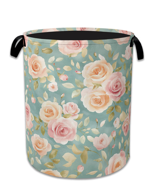 Vintage Pink Rose Laundry Basket,Foldable Waterproof Oxford Cloth Tote Bag Laundry Hamper with Handles,20.8"x16" Clothes Storage Bucket Organizer for Laundry Room, Bathroom, Bedroom