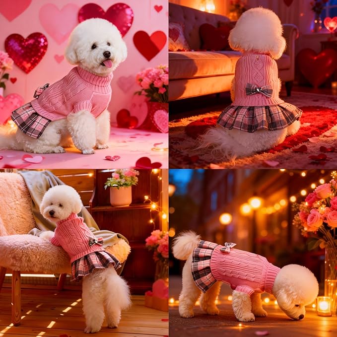 YUDODO Valentines Small Dog Sweater Dress with Bowtie Turtleneck - Knitted Pet Girl Dog Winter Clothes - Pet Warm Sweater for Puppy Yorkies, Chihuahua (XL Pink)