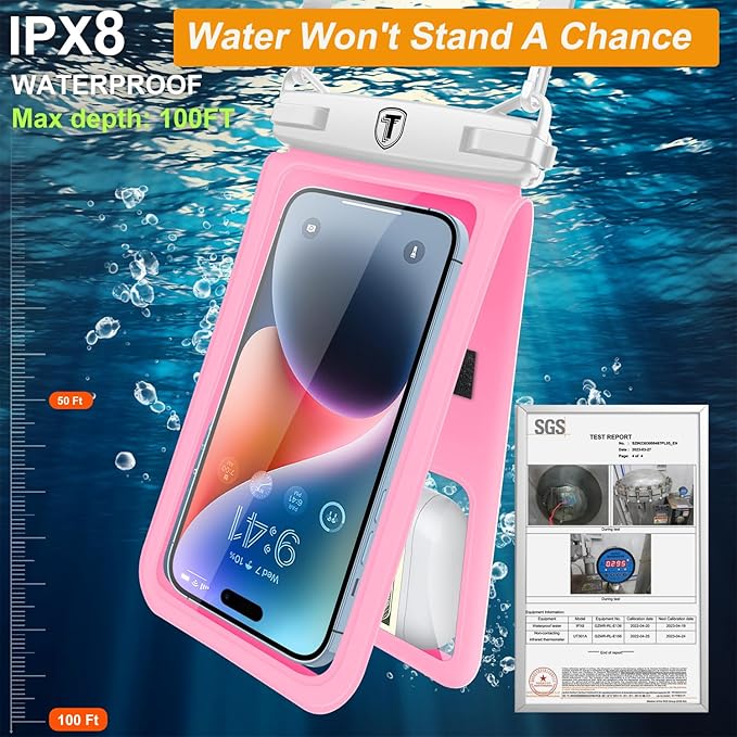 Takfox Double Space Waterproof Phone Pouch [2-Pack], Dual Large Cellphone Dry Bag Case for Samsung Galaxy S25 Ultra S24 S23 S22 A16 A15 A14 A36 iPhone 16 Pro Max Fit All Phones Up to 7"-Black/Pink