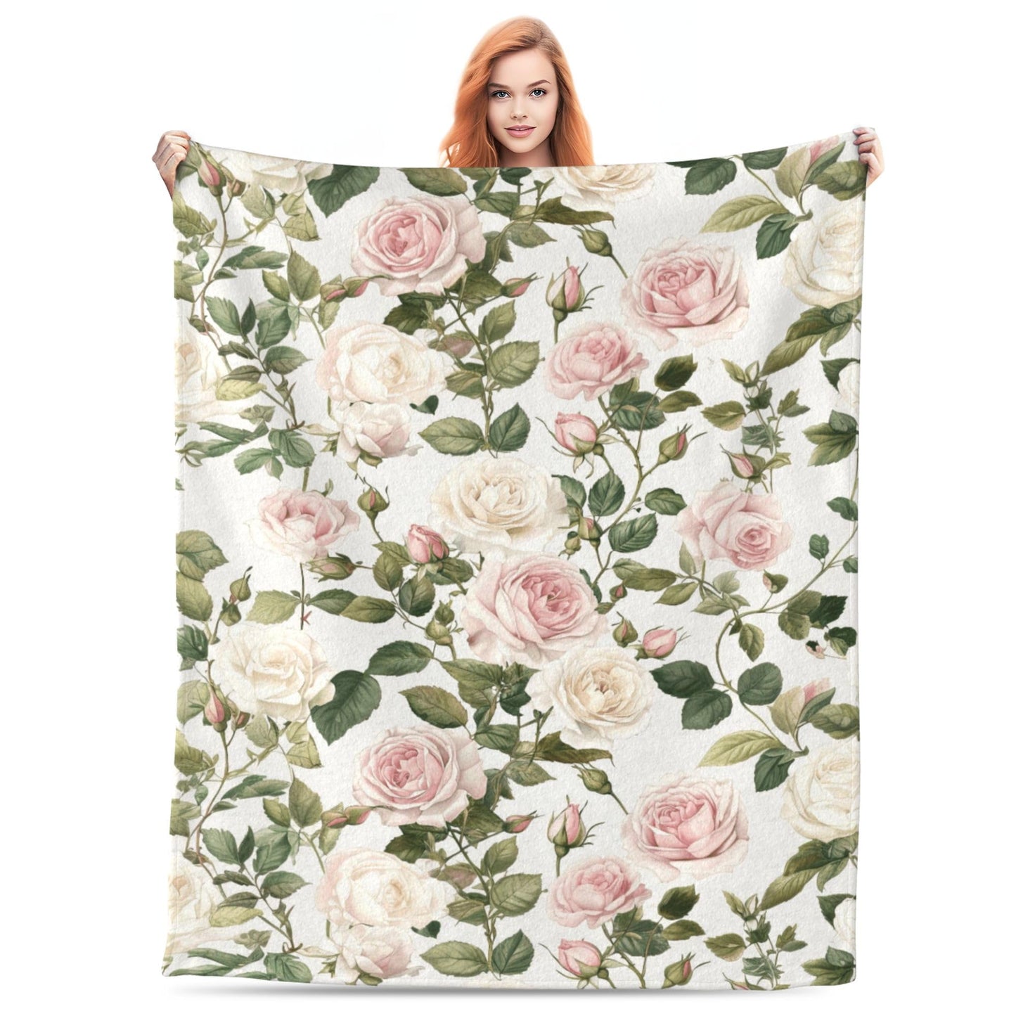 DKODKO Pink Cream Roses Throw Blanket Spring Summer Lightweight Flannel Bedding Blanket,Washable Fleece Throw Botanical Floral Blanket Cozy Blankets for Bed, Couch, Sofa, Camping,60''x 50''
