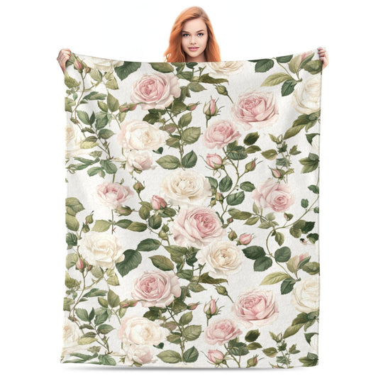DKODKO Pink Cream Roses Throw Blanket Spring Summer Lightweight Flannel Bedding Blanket,Washable Fleece Throw Botanical Floral Blanket Cozy Blankets for Bed, Couch, Sofa, Camping,60''x 50''