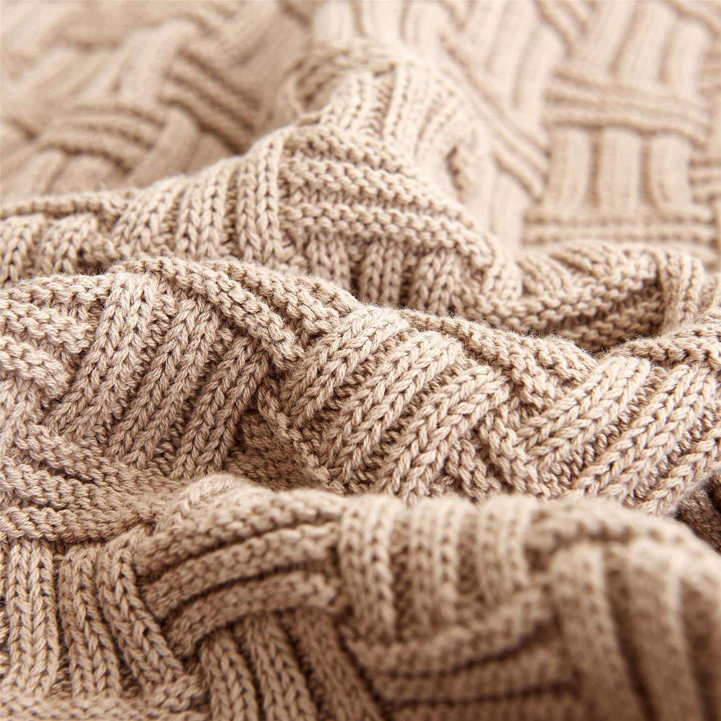 Longhui bedding Cotton Khaki Cable Knit Throw Blanket for Couch Sofa Bed with Bonus Laundering Bag – Large 60 x 80 Thick, 3.4 LB, Machine Washable, Comfortable Home Décor