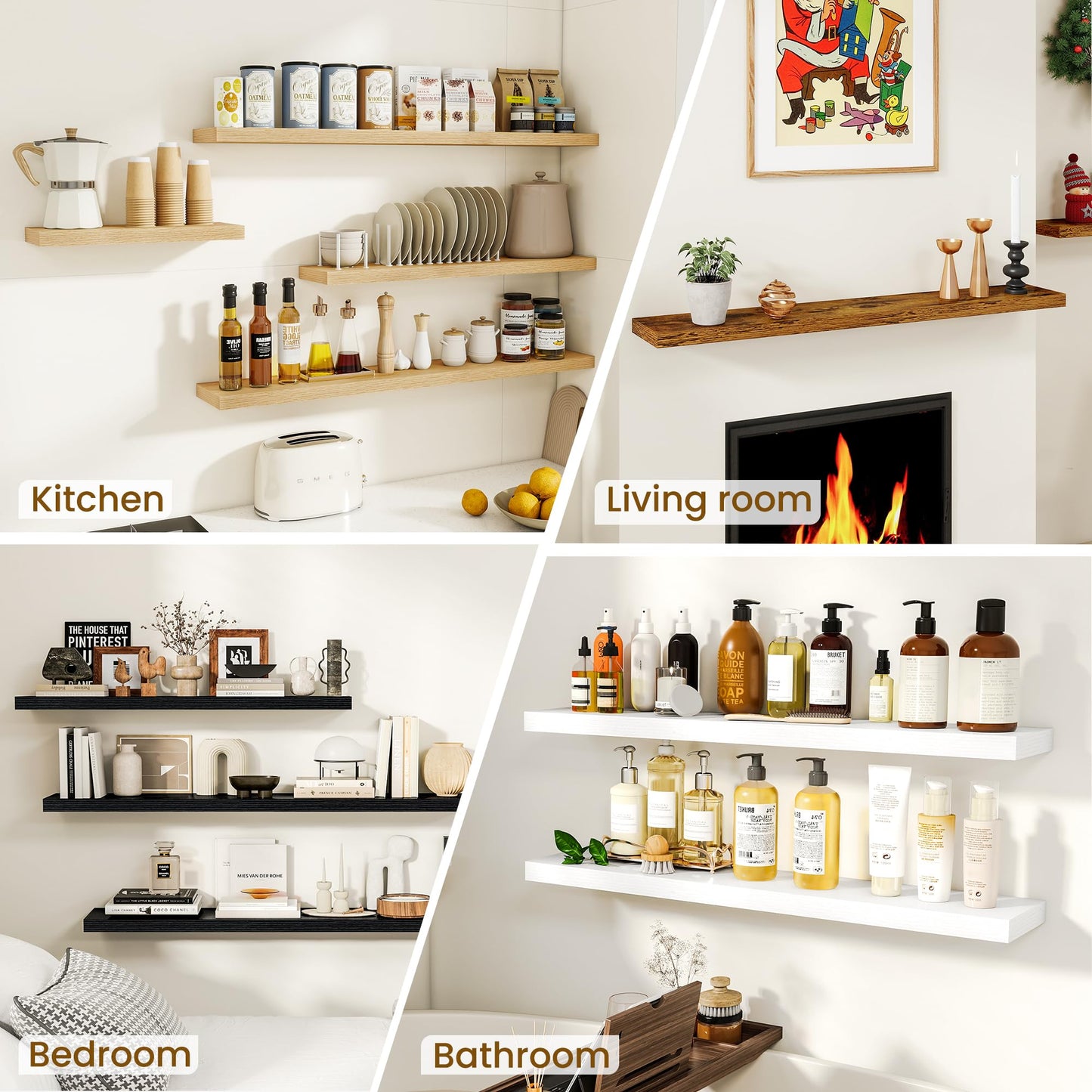 Dreamland 30Inch Floating Shelves for Wall, Rustic Wooden White Floating Shelves for Bathroom|Bedroom|Kitchen, Deep Wall Mounted Book Shelf, Wood Storage Display Shelf for Home Decor, Set of 2