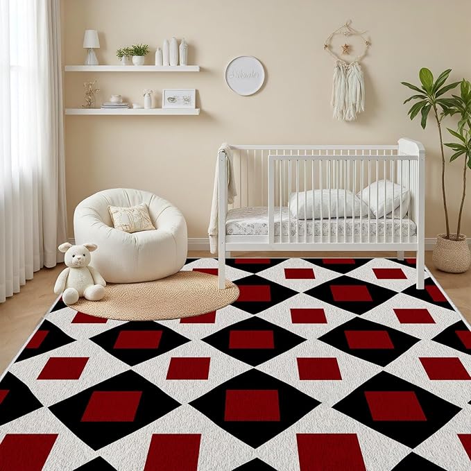 Plaid Rug 5x8, Vintage Geometric Soft Ultra Soft Faux Wool Low Pile Rug, Indoor Floor Mats Carpet, Non-Slip Stain Resistant Washable Rugs, Modern Red Rugs for Living Room Home Office Decor