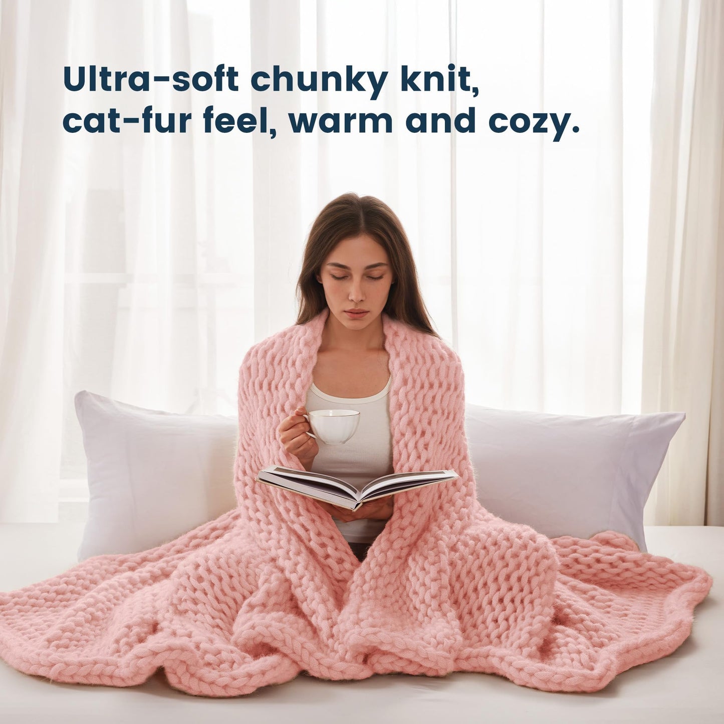 SLEEP ZONE Throw Blanket for Couch - Chunky Knit Hollow Blanket, Throw Blankets for Bed, Handmade Long Plush Cat Yarn, Soft Fluffy Knit Blankets Home Decor (Pink, 50x60in)