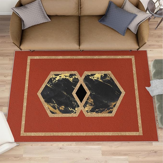 Abstract Marble Area Rugs Golden Hexagon Geometric Rug Vintage Red Marble Carpet European Medieval Geometry Carpet Mat for Bedroom Living Room 2x3ft