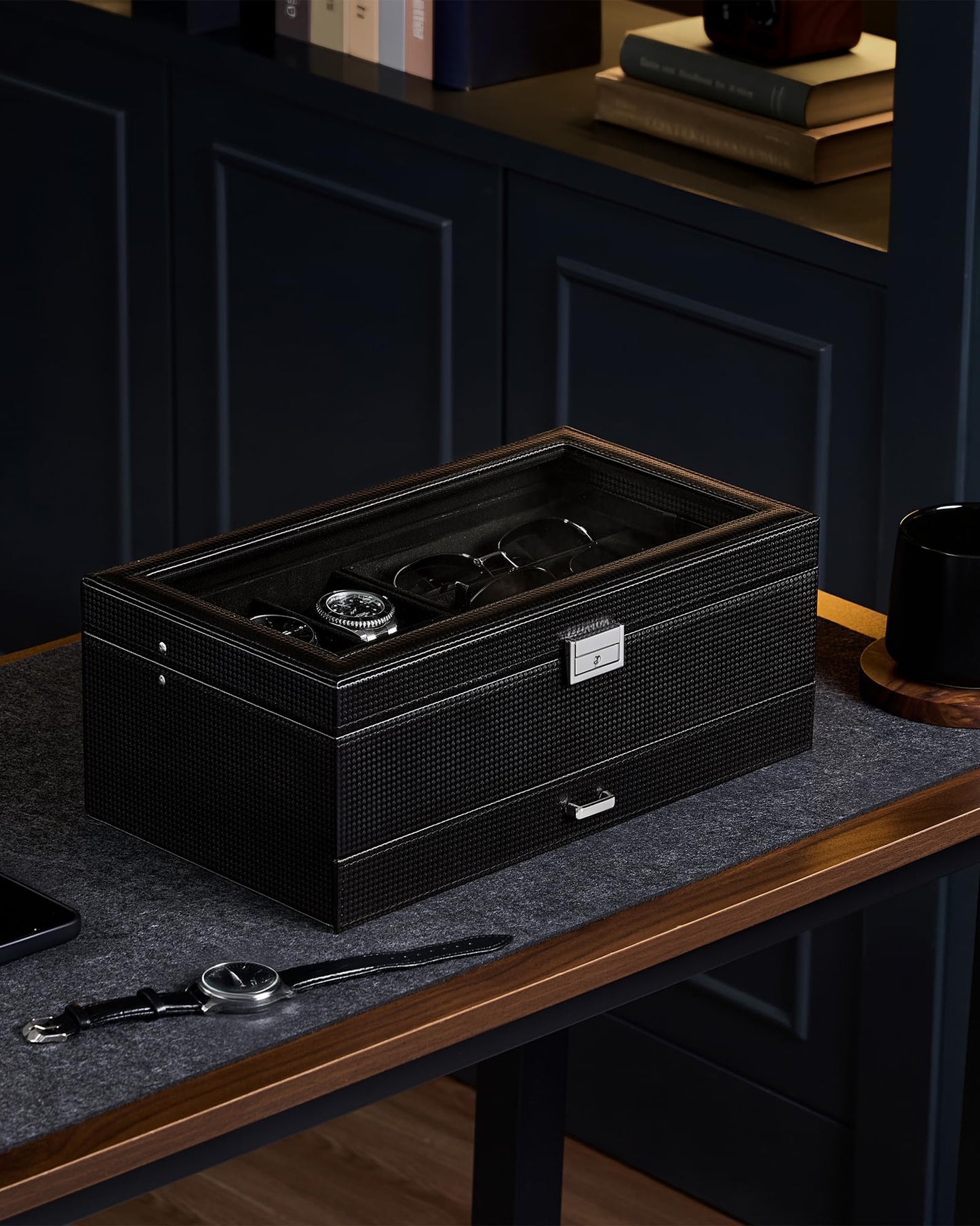 ProCase Mens Jewelry Box, Lockable 6 Slot Watch Case & 3 Slot Sunglasses Organizer, 2-layer Mens Jewelry Organizer Watch Box for Men, Watches Holder Display Storage, Fathers Day Gift -AllBlack