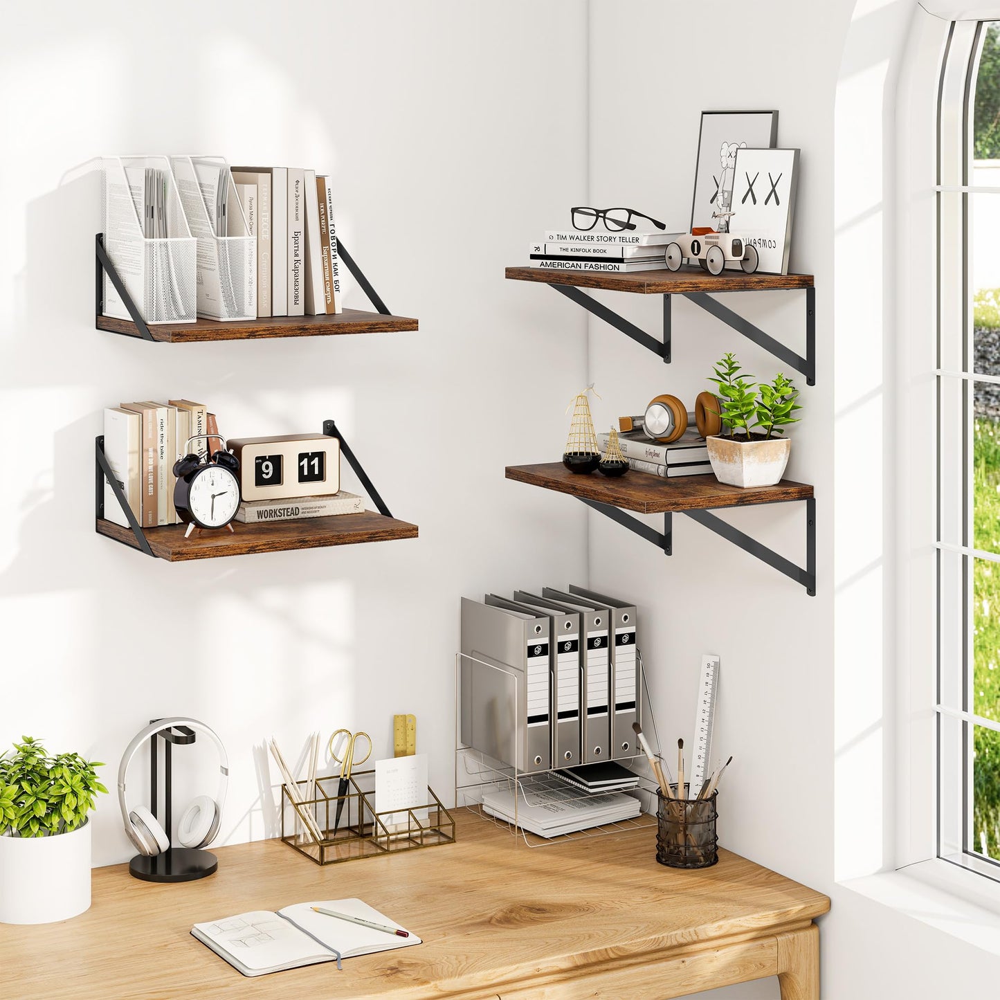 Heimlove Deep Floating Shelves for Wall, Wood Wall, Wide Floating Bookshelf for Living Room, Kitchen, Office, Bedroom and Decor Storage,Rustic Brown with Metal Bracket, 16wx12dx5.8h, 4Shelves