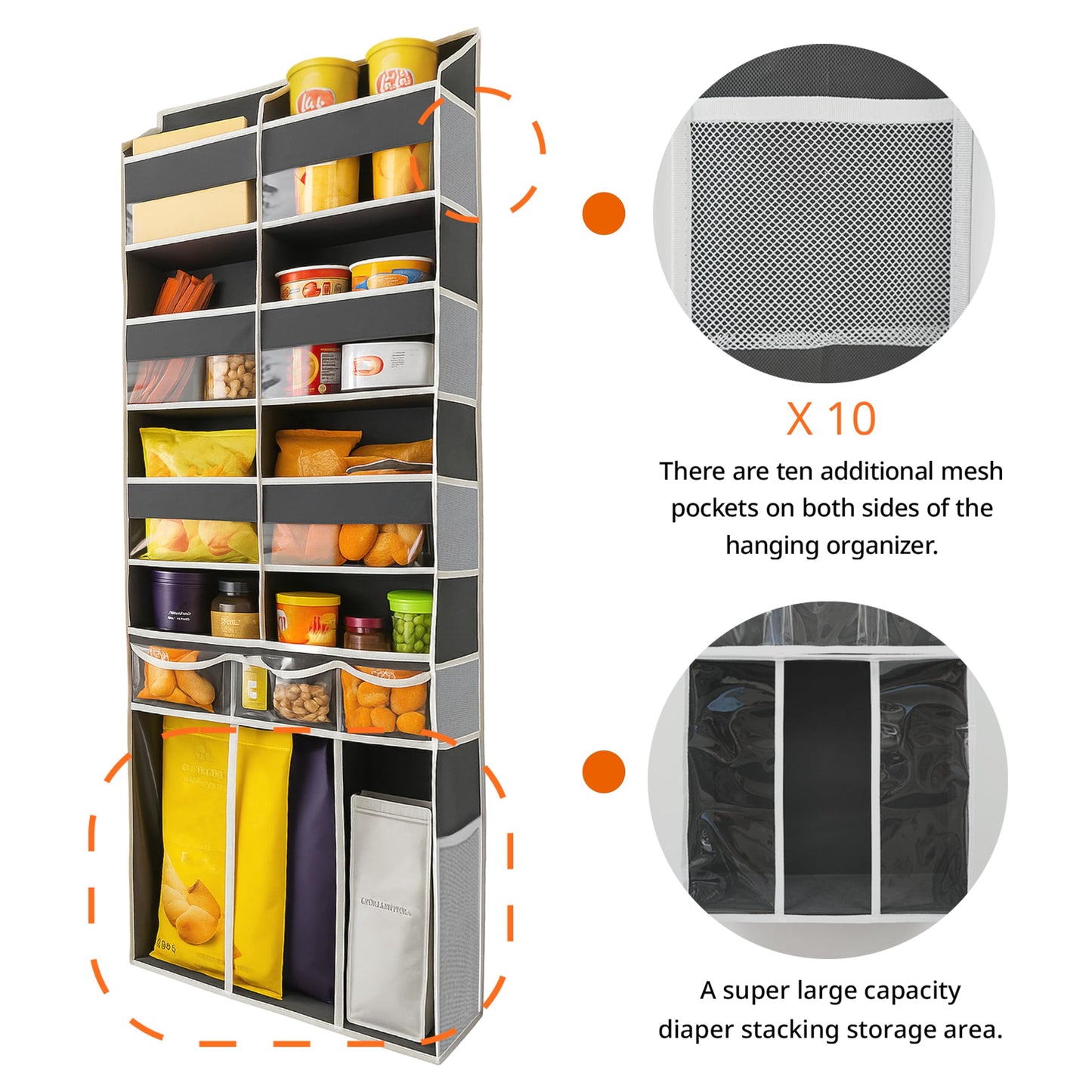 EZVERY Extra Large Over The Door Organizer with Clear Pockets - 8 Compartments & XL Bottom Storage, Heavy-Duty Hanging Organizer for Bathroom, Bedroom, Closet (57 Inch Height).