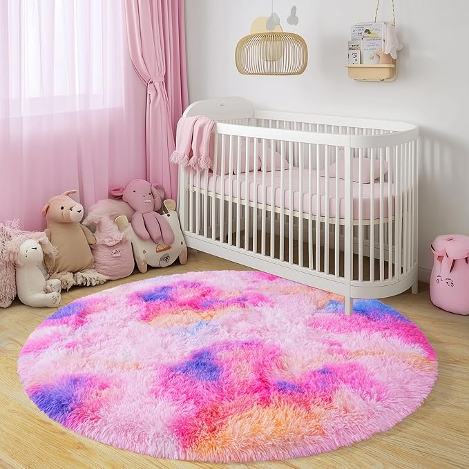 Round Fluffy Rugs 3Ft for Girls Bedroom, Dark Rainbow Shag Circle Kids Rug Non-Slip for Bedside Dorm Nursery Playroom, Soft Cute Area Rugs for Living Room Decor