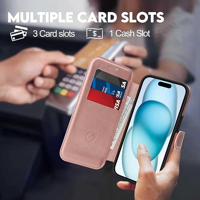 CIVICASE for iPhone 13 Pro Max Wallet Case with Stand,PU Leather Flip Credit Card Holder Slots (RFID Blocking),Compatible with Magsafe Magnetic Holder Phone Cover Women Men,Rose Gold