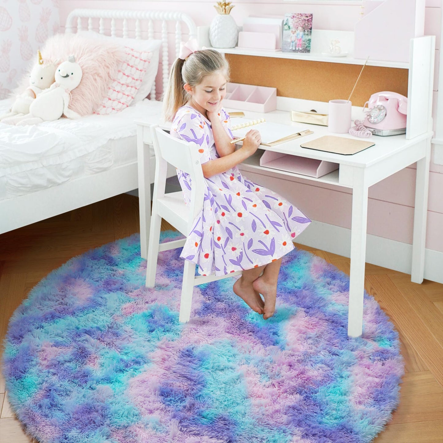Amdrebio Purple Rainbow Round Rug 4Ft for Bedroom Girls Room Decor, Circular Mermaid Kids Rugs for Playroom Nursery Dorm, Fluffy Furry Cute Shag Carpet, Kawaii Circle Area Rugs for Baby Toddler Teen