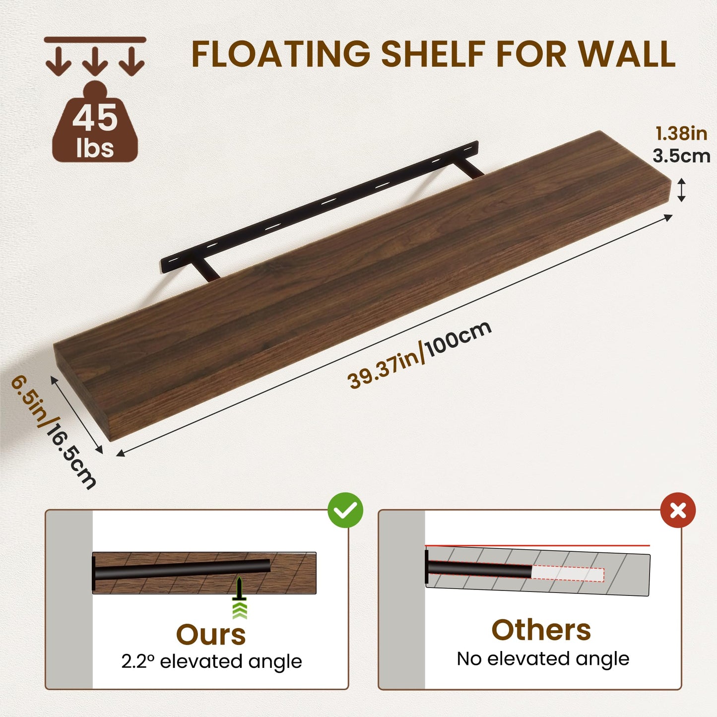 Natural Homi Floating Shelves for Wall,39.37in Wall Mounted Storage and Display for Living Room, Bedroom, Kitchen, Bathroom Set of 2 Retro Brown