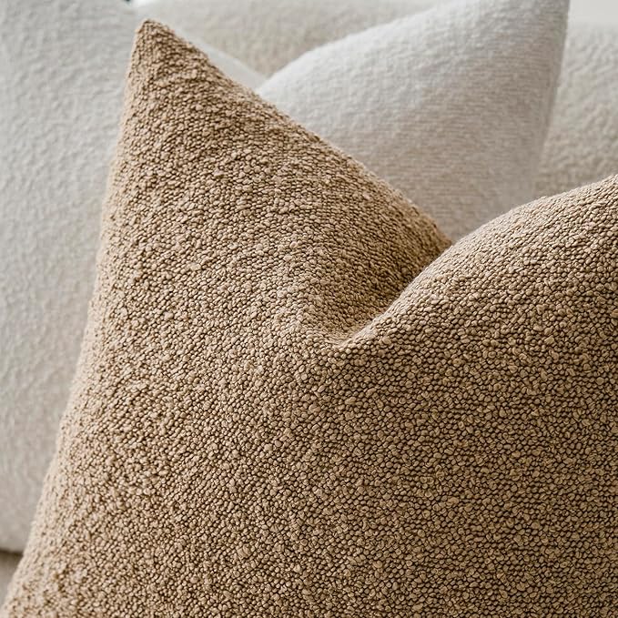Foindtower Decorative Textured Boucle Throw Pillow Covers Accent Solid Pillow Cases Neutral Soft Cozy Couch Cushion Case for Chair Sofa Bedroom Living Room Home Decor 26 x 26 Inch,Taupe Khaki Camel