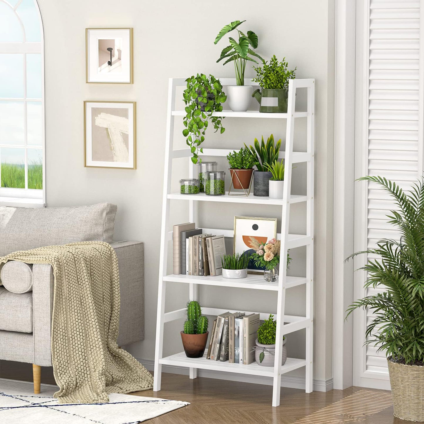 Homykic Ladder Shelf, 4-Tier Bamboo Ladder Bookshelf, 49.2” White Book Shelf, Open Bookcase Freestanding Plant Stand for Small Space, Bathroom, Living Room, Bedroom, Home Office