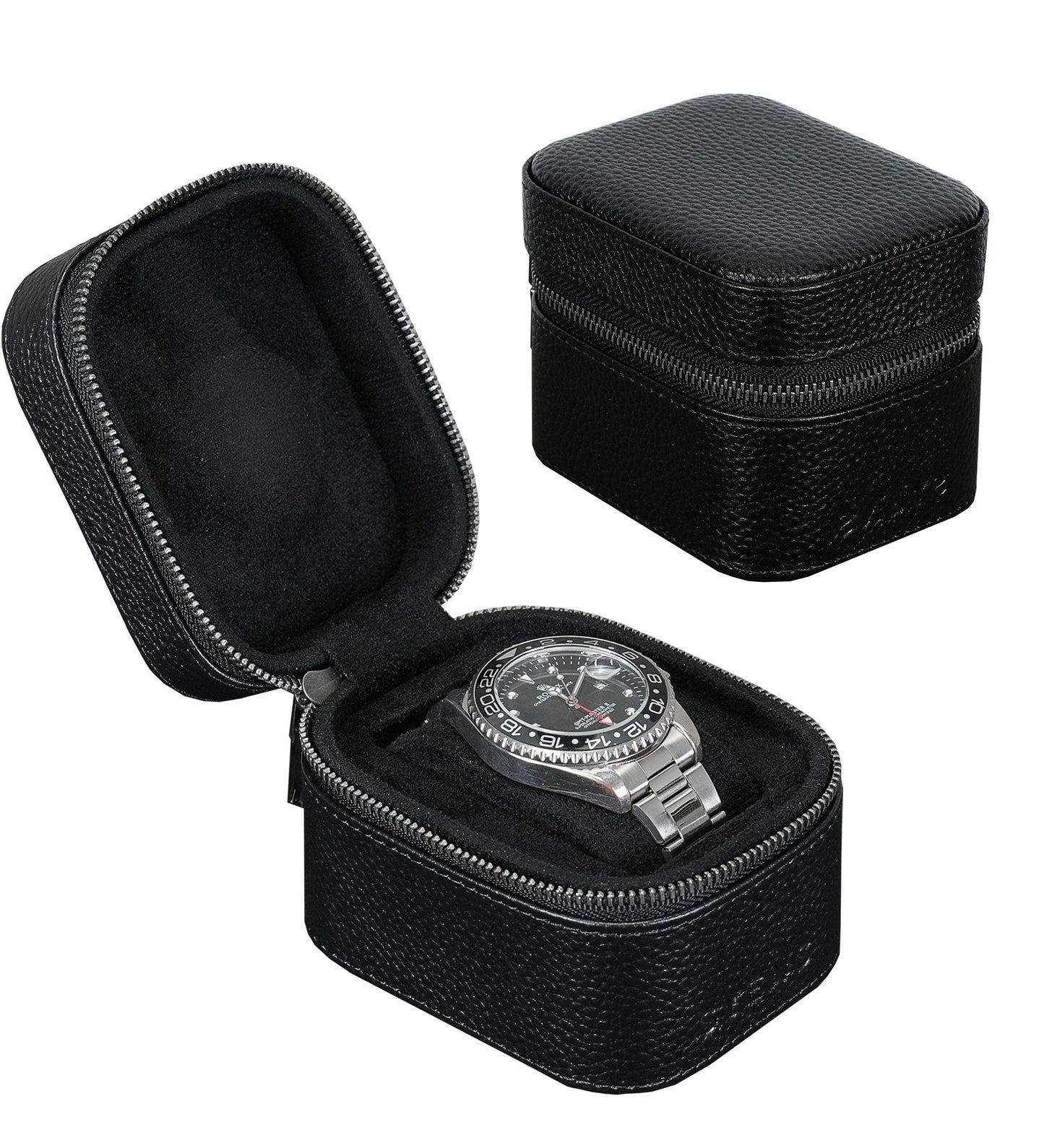 SYENS Watch Travel Box, Real Genuine Leather Single Watch Roll Case for Man and Women Watch Packing Storage Organizer with Suede to Protection Zipper Fit All Watches Up to 60mm (1W-Z-BB)