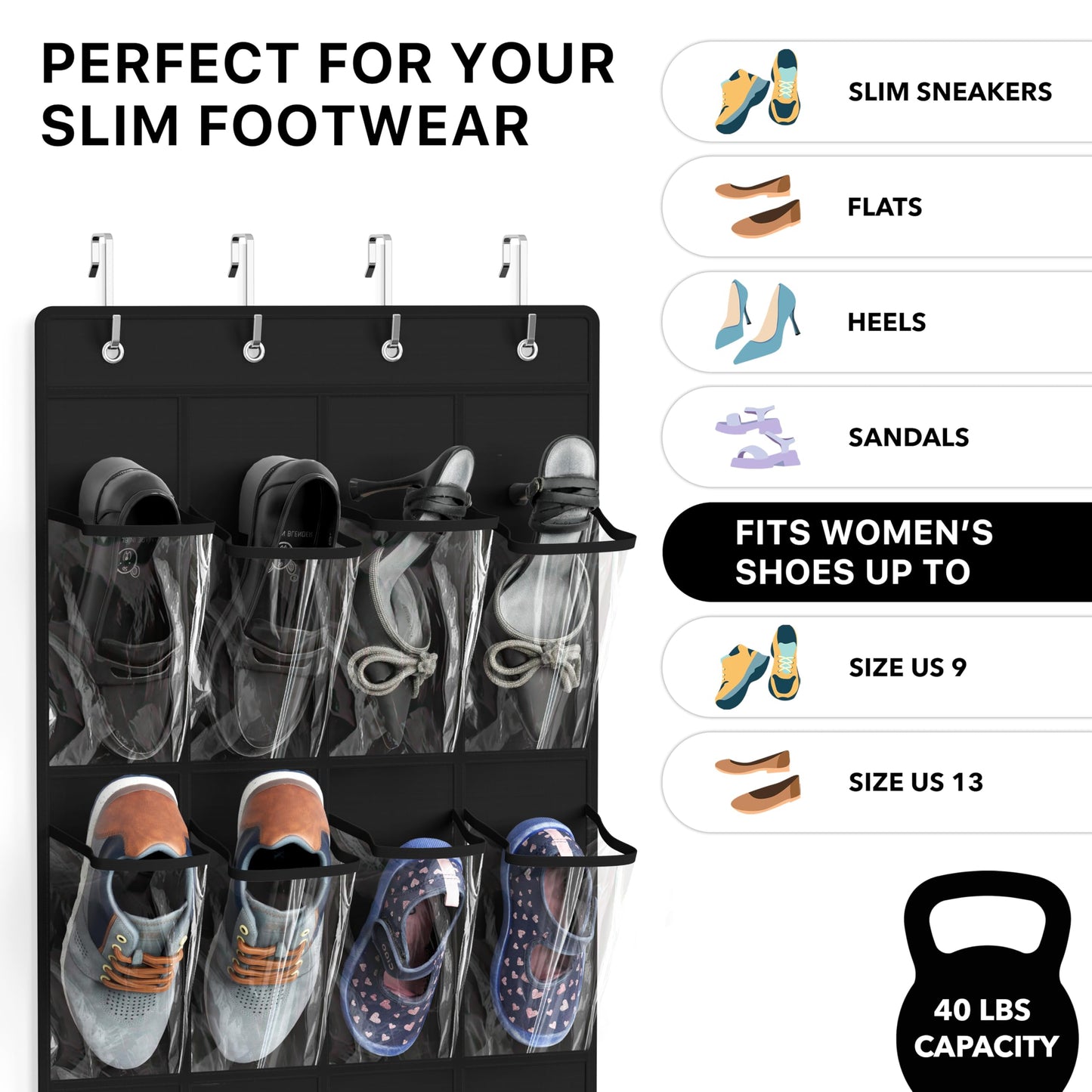 Simple Houseware 24 Pockets - Crystal Clear Over The Door Hanging Shoe Organizer, Black (64'' x 19'')