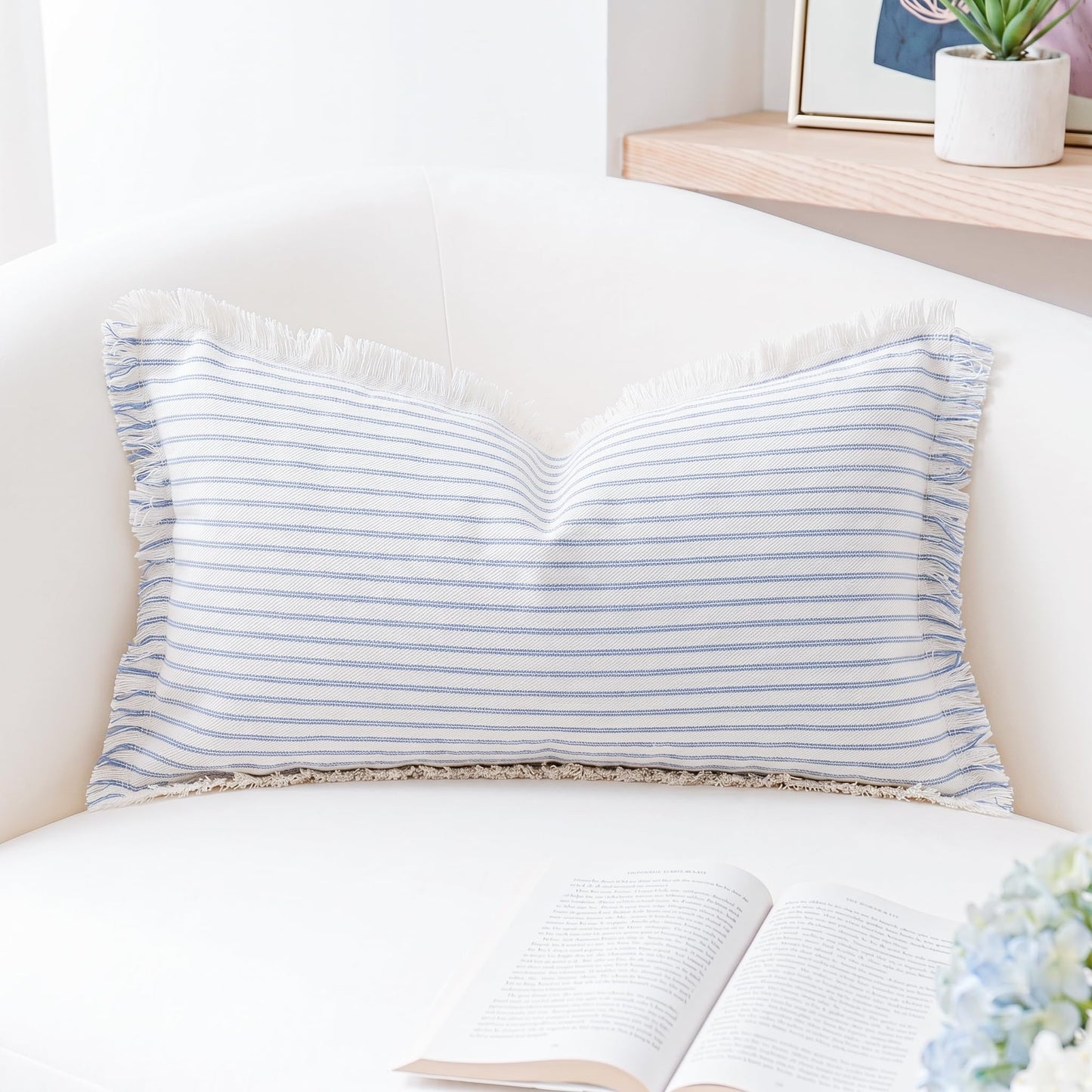PANOD Decorative Boho Long Lumbar Pillow Cover 12x26,Super Soft Cotton Modern Long Rectangle Pillow Cover Pillow Case for Bed Sofa Couch Farmhouse Livingroom,Light Blue
