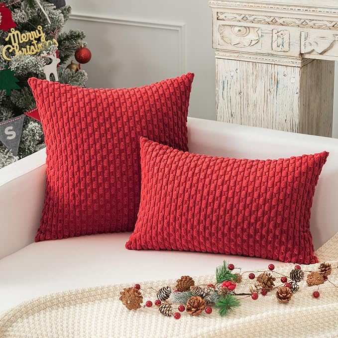 Kevin Textile Christmas Red Throw Pillow Covers Soft Corduroy Decorative Set of 2 Boho Striped Pillow Covers Pillowcases Farmhouse Home Decor for Couch Bed Sofa Living Room 26x26 Inch