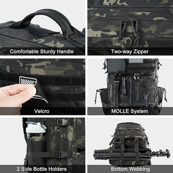 Military Tactical Backpack 50L Large Day Backpack for Men Molle Army 3 Days Assault Pack Bug Out Bag Water Resistant and Heavy Duty Hiking Treeking Rucksack - Black Camo