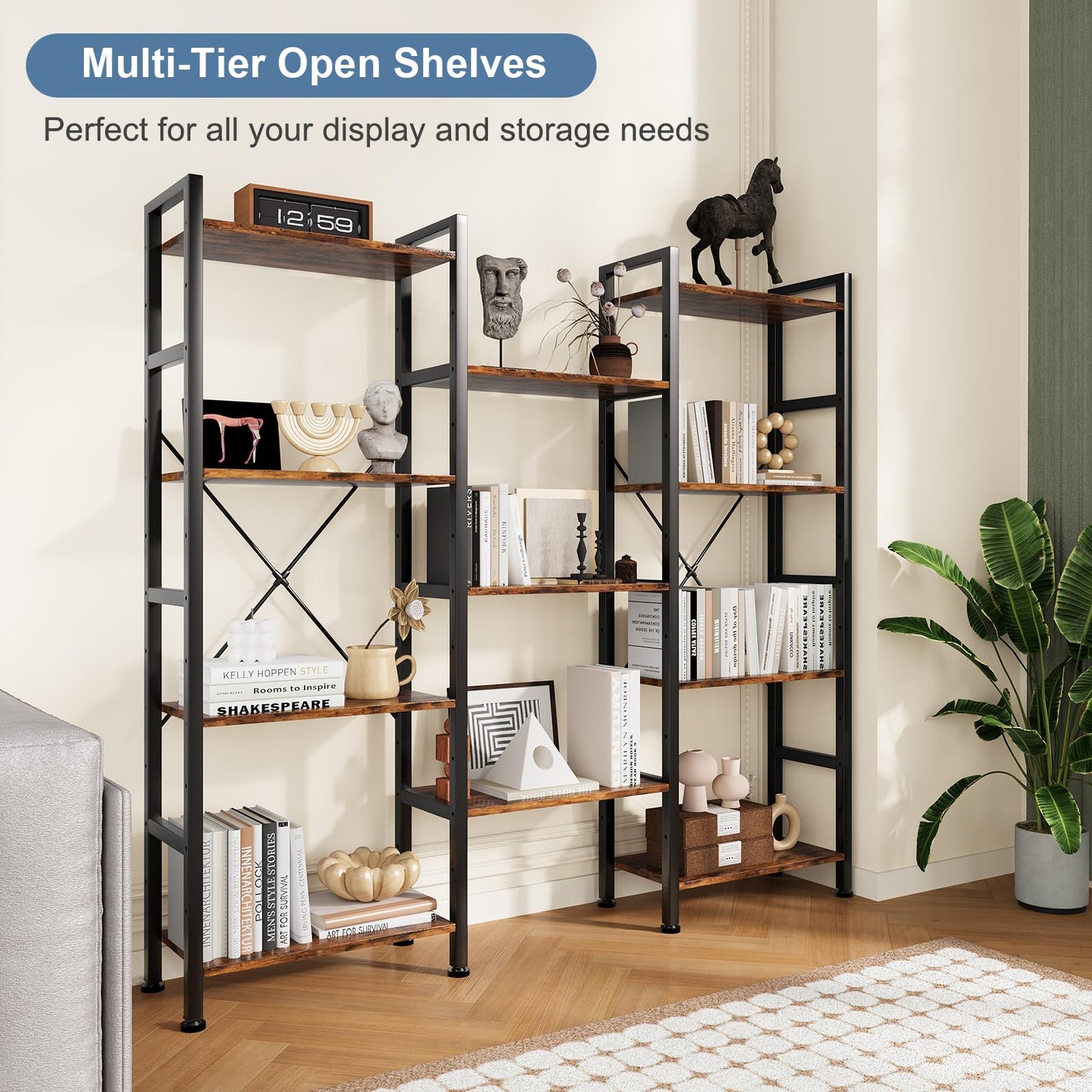 DUMOS Triple Column 4 Tier Bookshelf with Adjustable Shelves, Wide Convertible Display Unit, Industrial Bookcase for Living Room & Home Office, Sturdy Freestanding Storage Decor Organizer, Rust