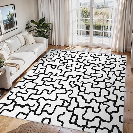 Abstract Geometric Rugs for Home Decor, 7x9 ft, Black and White Labyrinth Area Rugs for Living Room, Soft Non Slip Washable Modern Abstract Line Carpet Bedroom Decorations Dt-Ghf-31