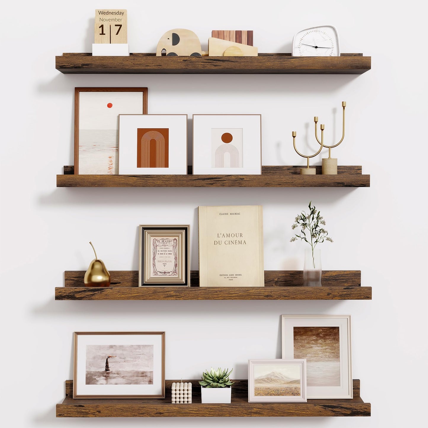 Fun Memories Picture Ledge Shelf - 24 Inches Floating Shelves Set of 4 - Nursery Bookshelves for Storage - Wood Bookshelf Wall Mounted for Bedroom - Living Room - Kitchen - Rustic Brown