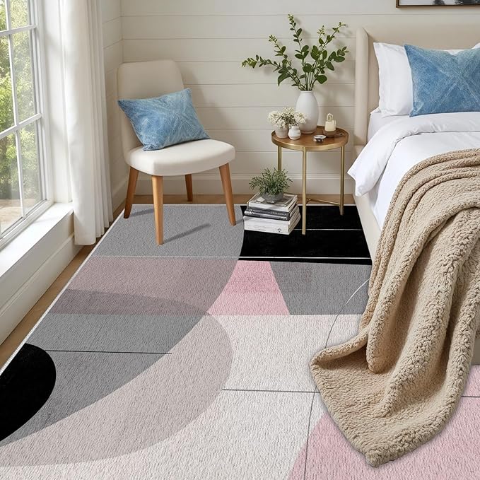 Abstract Art Line Living Room Area Rugs 7x10, Modern Boho Geometric Print Rug, Minimalist Washable Non Slip Neutral Soft Carpet for Bedroom, Dining Room Office Playroom, Black Gray