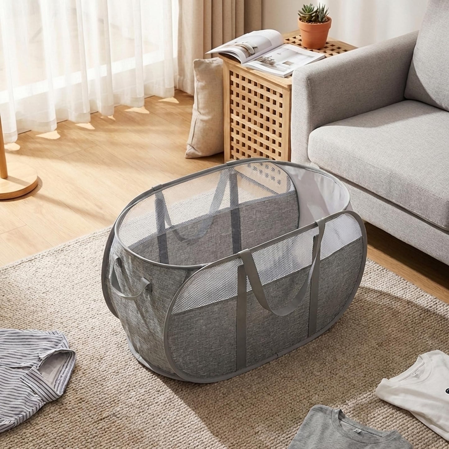 Collapsible Laundry Baskets - 95L Tear Proof Pop Up Laundry Hamper with Easy Carry Handles,Foldable Laundry Basket,Honeycomb Mesh-Breathable,Large Hampers for Laundry,Bedroom,Bathroom,Grey