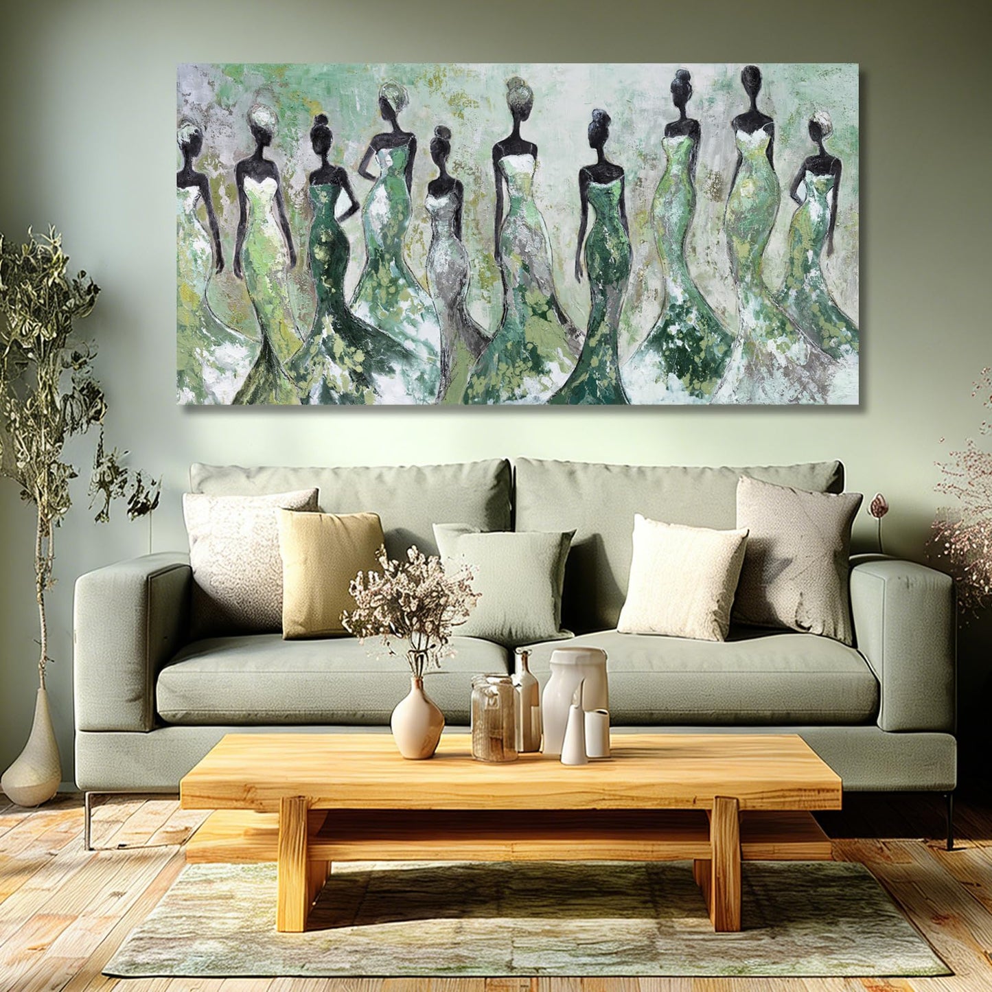 Dolidoteart Green Abstract Figure Wall Art, Black Modern Horizontal Canvas Print for Living Room, Bedroom, Dining Room or Office, Aesthetic Fashion Artwork, 24x48 Inch