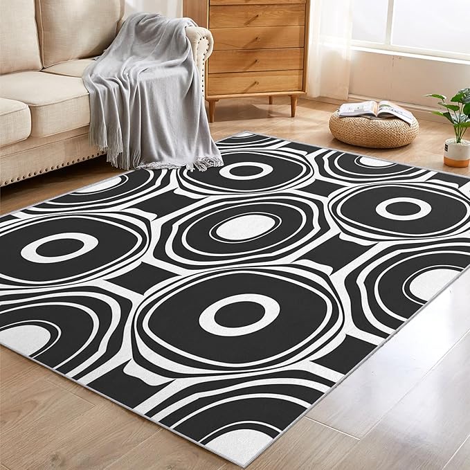 Black and White Geometric Rugs for Home Decor, 3x4 ft, Ring Circle Area Rugs for Living Room, Soft Non Slip Washable Modern Abstract Carpet Bedroom Decorations Dt-Ghf-31