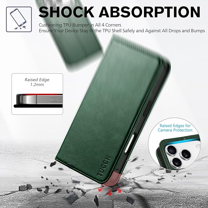 TUCCH Wallet Case for iPhone 17 Pro (6.3") 2025, 3 Credit Card Holders, RFID Blocking, Stand, PU Leather, Shockproof TPU Interior Shell, Protective Flip Folio Cover, Midnight Green