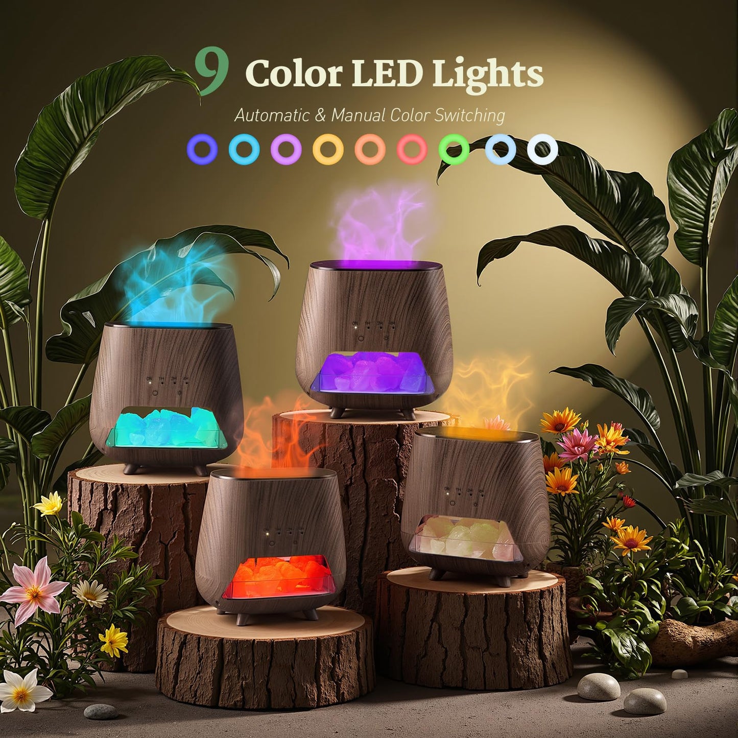 JJNJJN Essential Oil Diffuser for Home: 200ml Aromatherapy Diffuser with Himalayan Pink Salt Rock, Cool Mist Humidifier with Auto Off Function and 9 Colors LED Night Light for Bedroom, Black