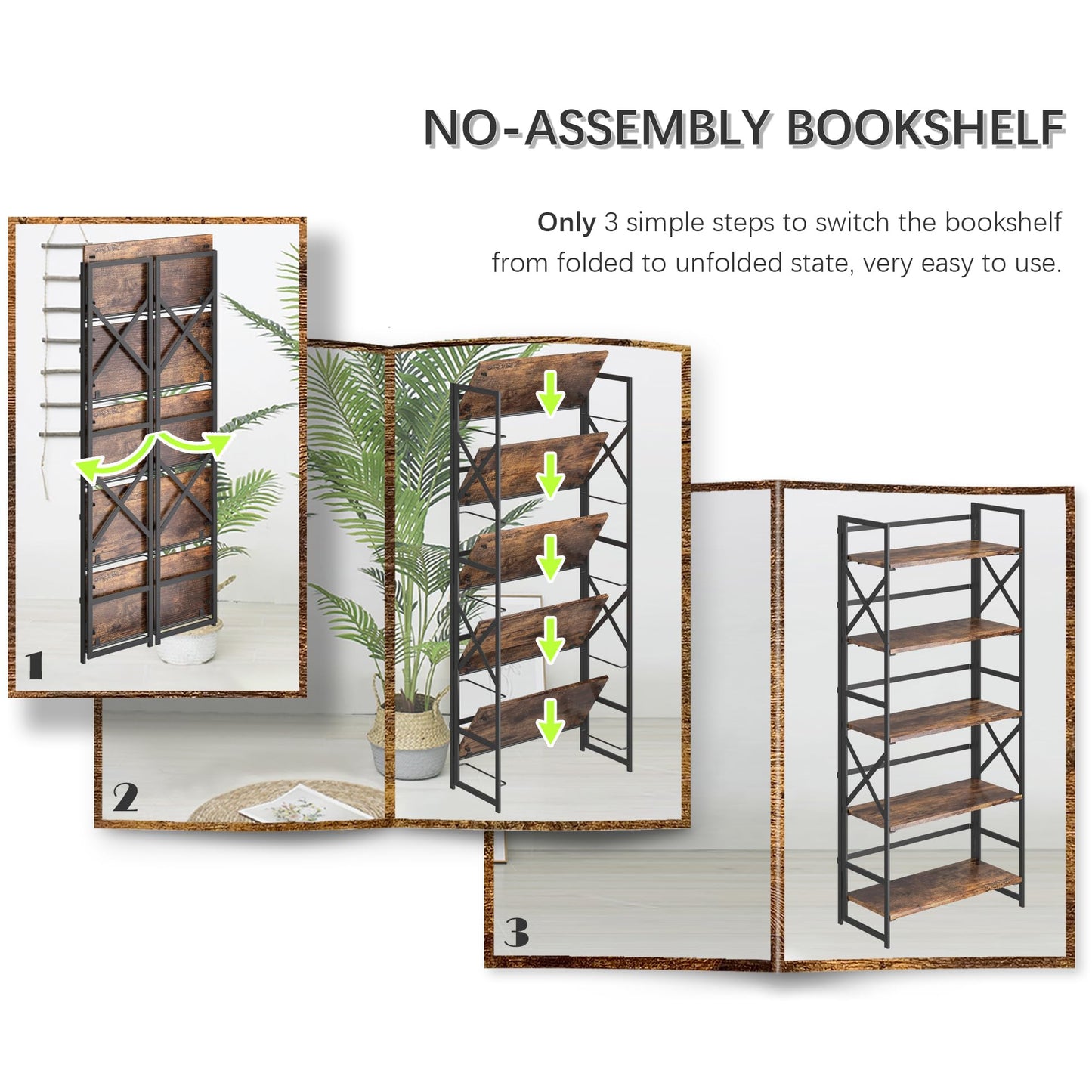 4NM 5 Tiers No Assembly Book Shelves, 51.2" H Folding Bookshelf Bookcase Open Industrial Foldable Shelves for Bedroom, Living Room, Home Office - Rustic Brown Black