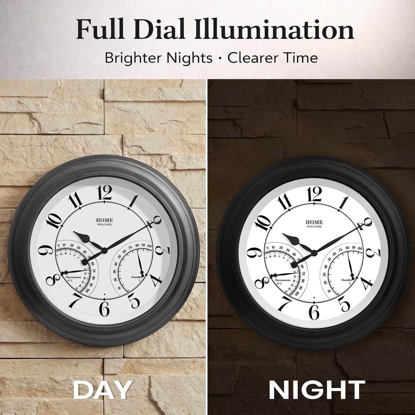 Pytha Sight 24 Inch Outdoor Clocks Waterproof, Large Easy-to-Read Illuminated Outdoor Wall Clock with Smart Light Sensor, Silent Large Outdoor Clock for Patio, Pool,Porch,Garden,Backyard