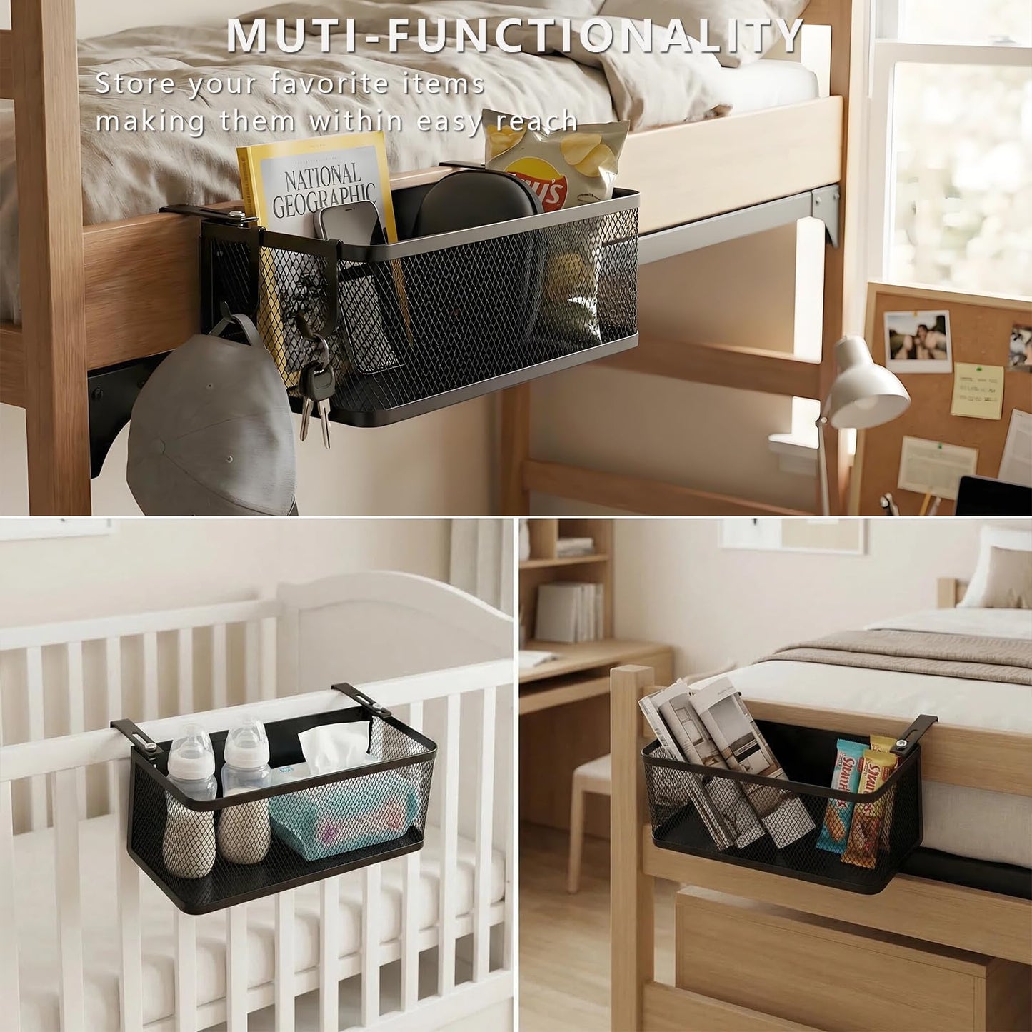 AZSRKRBM Bedside Caddy Shelf with Hook, Bed Shelf Organizer for Bunk Bed, Office Cubicle, Dorm Room, Holder for Phone, Snacks, Books (Black, 11*4.9*3.9 inch)