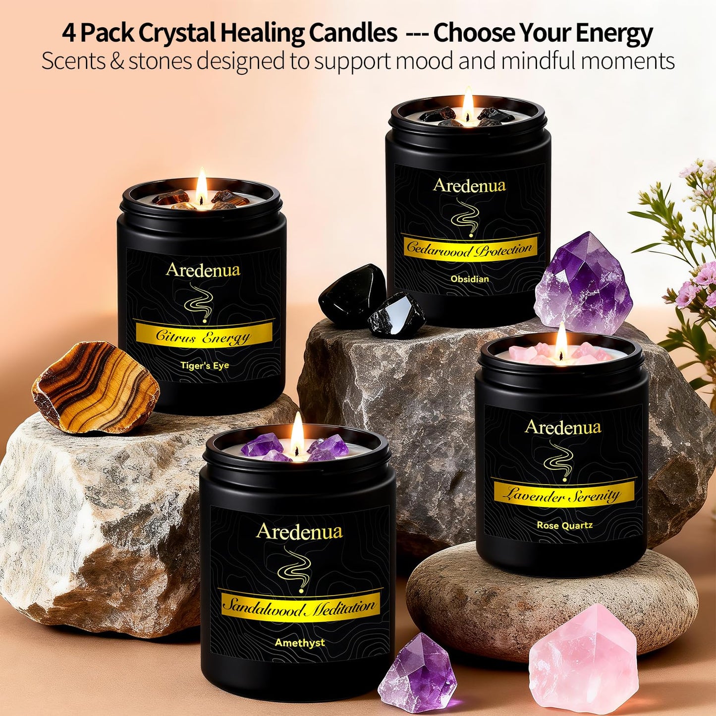 Aredenua Crystal Candle with Tiger Eye Healing Crystals, Citrus Aromatherapy Candle for Confidence, Natural Soy Wax Scented Candle with Real Gemstone, 7oz Long Burning, Motivational Chakra Gift