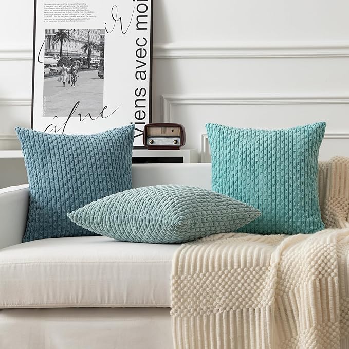 Kevin Textile Throw Pillow Covers Soft Corduroy Decorative Set of 2 Boho Striped Pillow Covers Pillowcases Farmhouse Home Decor for Couch Bed Sofa Living Room 16x16 Inch Blue Grey