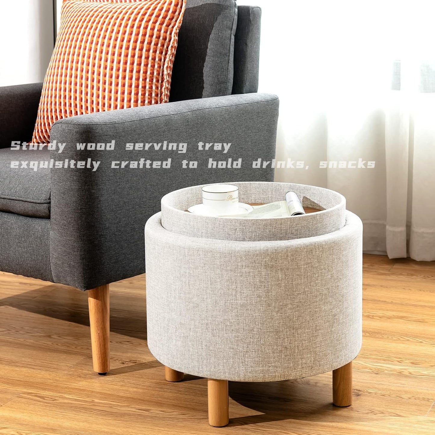 Giantex Round Storage Ottoman with Tray Lid, Accent Storage Footstool w/Soft Padding, Fabric Sitting Stool w/Solid Wood Legs & Non-Slip Pads, Tray Top Coffee Table for Living Room, Bedroom (Beige)