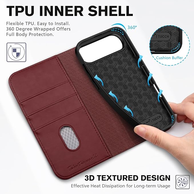TUCCH Wallet Case for iPhone Air (6.5") 2025, 3 Credit Card Slot | RFID Blocking | Stand | PU Leather | Protective Flip Folio Cover | Shockproof TPU Interior Shell | Deep Red