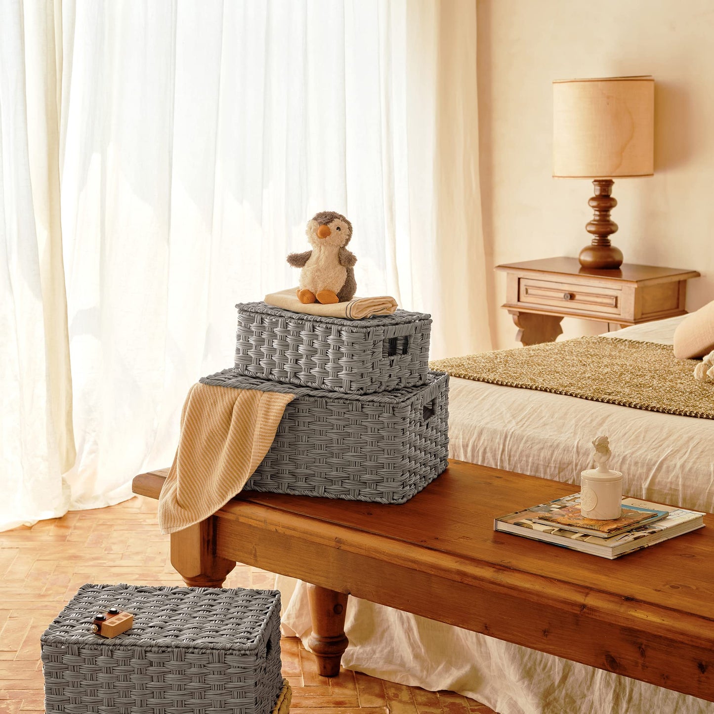 GRANNY SAYS Wicker Storage Baskets, Decorative Boxes with Lids, Set of 3 Nesting Wicker Baskets for Organizing, Gray, 3-Pack