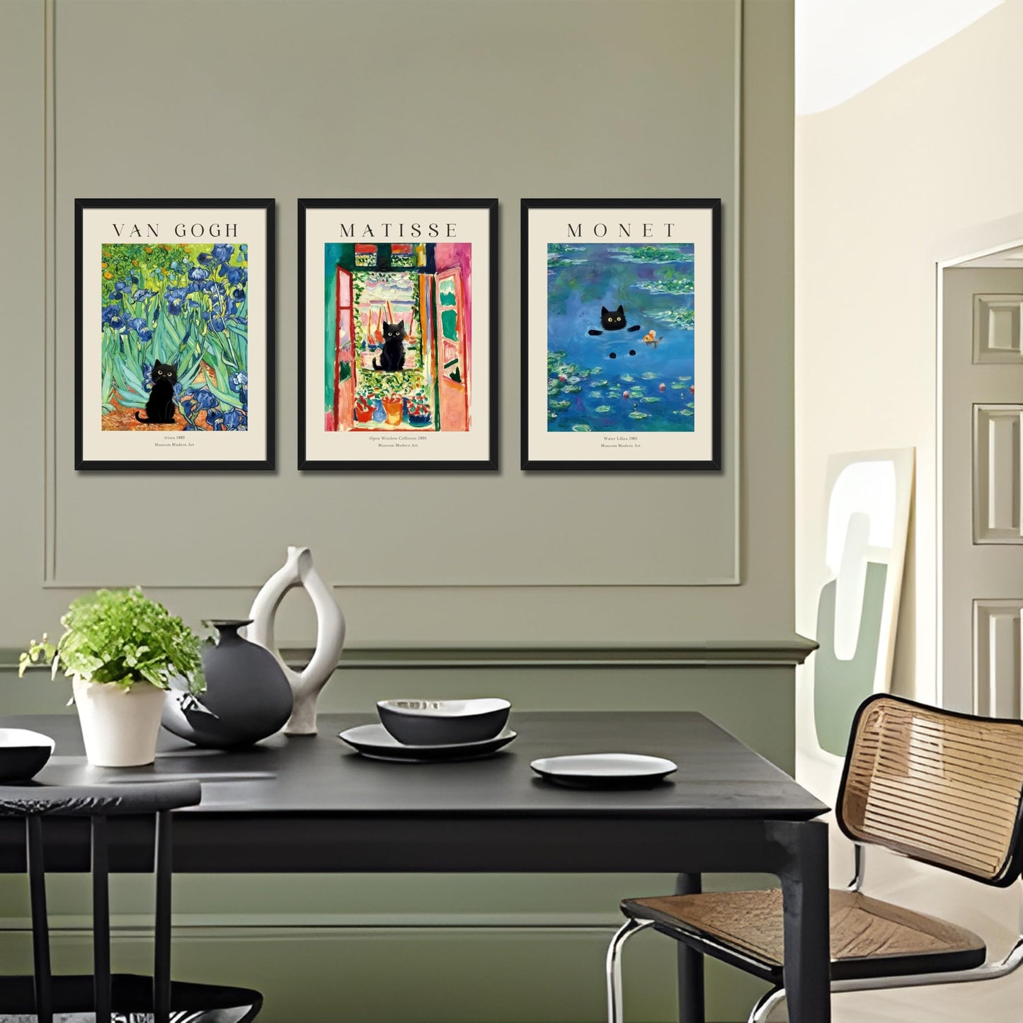 Wood Framed Monet Wall Art Set of 3 - Van Gogh Black Cat Flower Field Canvas Paintings Prints, Matisse Abstract Black Cat Aesthetic Pictures for Room Bedroom Living Room Bathroom 12x16 in